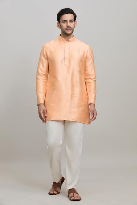 Shop_Arihant Rai Sinha_Peach Polyester Plain Short Kurta _Online_at_Aza_Fashions