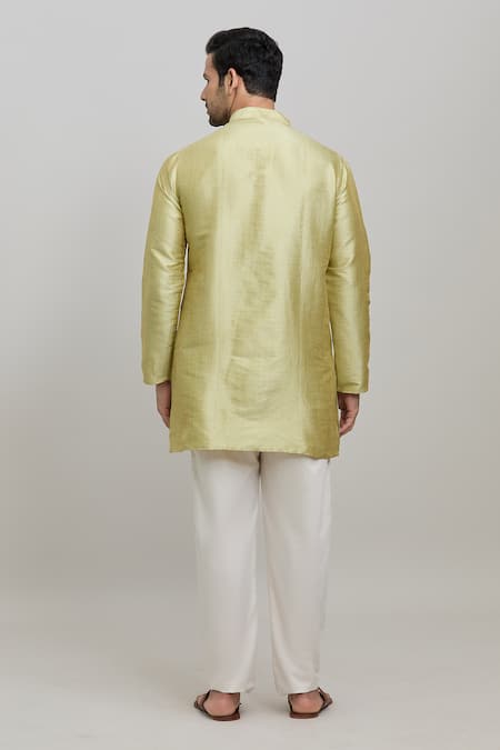 Shop_Arihant Rai Sinha_Green Polyester Plain Short Mandarin Collar Kurta _at_Aza_Fashions