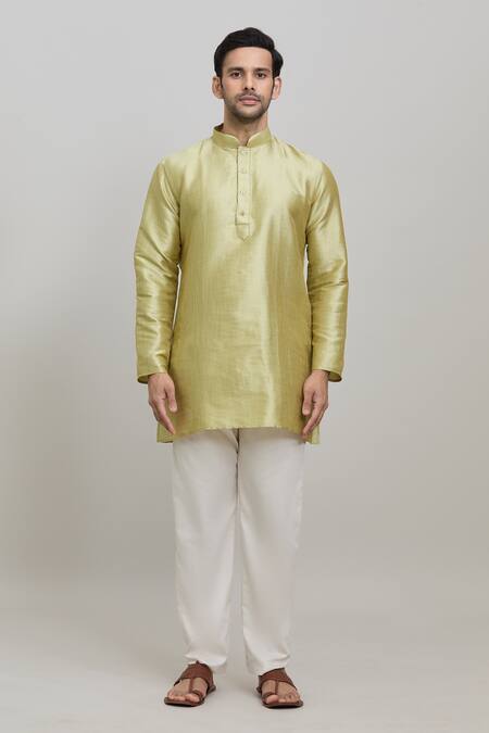 Arihant Rai Sinha_Green Polyester Plain Short Mandarin Collar Kurta _Online_at_Aza_Fashions