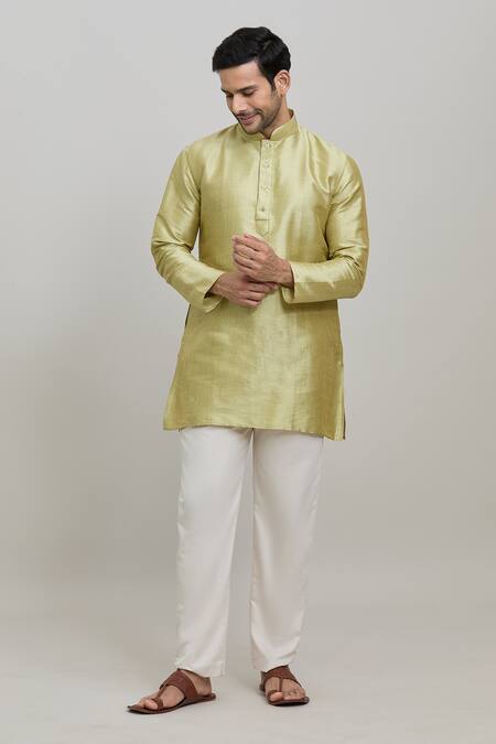 Shop_Arihant Rai Sinha_Green Polyester Plain Short Mandarin Collar Kurta _Online_at_Aza_Fashions