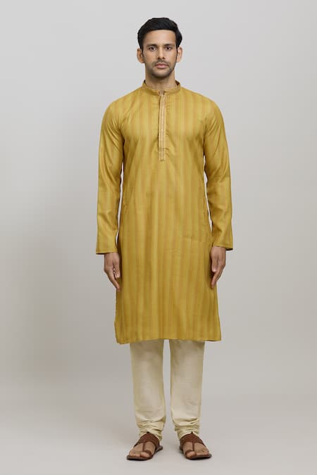 Arihant Rai Sinha_Yellow Polyester, Cotton Embroidery Printed Kurta And Churidar Set_Online_at_Aza_Fashions