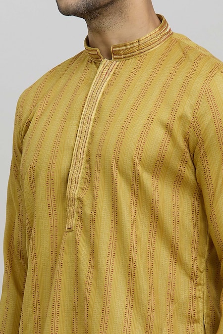 Shop_Arihant Rai Sinha_Yellow Polyester, Cotton Embroidery Printed Kurta And Churidar Set_Online_at_Aza_Fashions