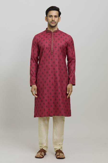 Buy_Arihant Rai Sinha_Red Polyester Paisley Pattern Butti Kurta And Churidar Set _Online_at_Aza_Fashions