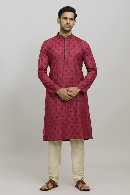 Shop_Arihant Rai Sinha_Red Polyester Paisley Pattern Butti Kurta And Churidar Set _Online_at_Aza_Fashions
