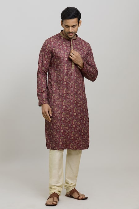 Arihant Rai Sinha Maroon Kurta Poly Blend Printed Floral Vine And Churidar Set 