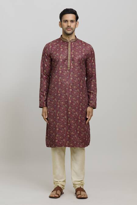 Arihant Rai Sinha_Maroon Polyester Embroidery Floral Print Kurta And Churidar Set _Online_at_Aza_Fashions