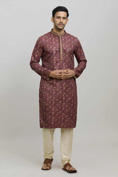 Buy_Arihant Rai Sinha_Maroon Polyester Embroidery Floral Print Kurta And Churidar Set _Online_at_Aza_Fashions