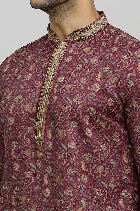 Shop_Arihant Rai Sinha_Maroon Polyester Embroidery Floral Print Kurta And Churidar Set _Online_at_Aza_Fashions