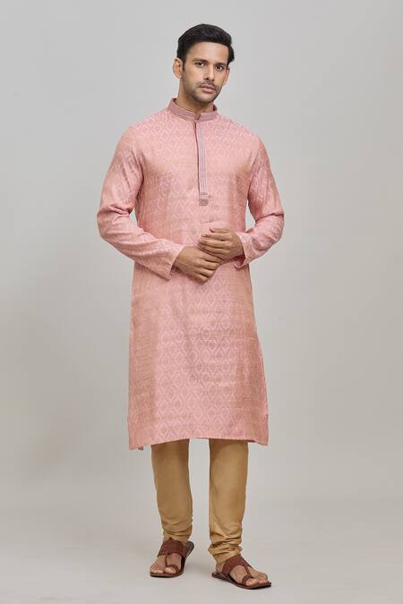 Shop Arihant Rai Sinha Pink Polyester Woven Straight Kurta With Churidar Online at Aza Fashions Shop_Arihant Rai Sinha_Pink Polyester Woven Straight Kurta With Churidar _Online_at_Aza_Fashions