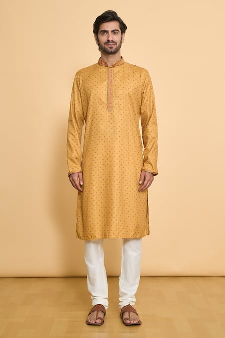 Arihant Rai Sinha_Yellow Polyester, Cotton Embroidery, Sequins Bandhani Print Kurta With Churidar _Online_at_Aza_Fashions