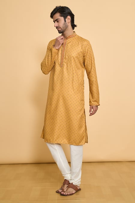 Buy_Arihant Rai Sinha_Yellow Polyester, Cotton Embroidery, Sequins Bandhani Print Kurta With Churidar _Online_at_Aza_Fashions