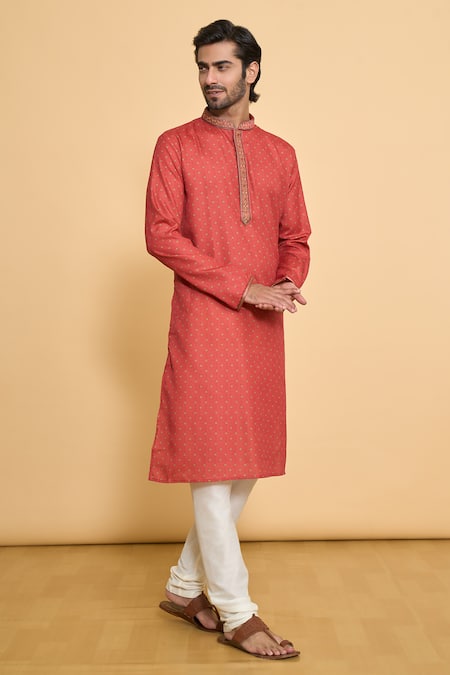 Arihant Rai Sinha Red Poly Cotton Digital Print Bandhani Kurta And Churidar Set 