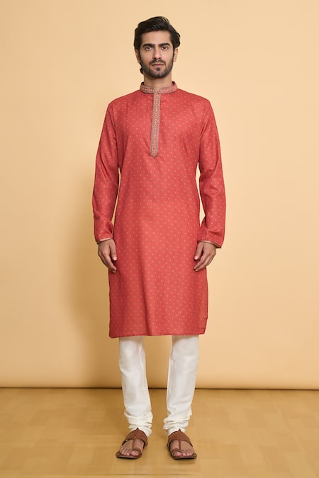 Arihant Rai Sinha_Red Polyester, Cotton Embroidery, Sequins Bandhani Print Kurta And Churidar Set _Online_at_Aza_Fashions