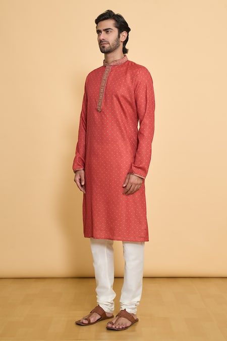 Buy_Arihant Rai Sinha_Red Polyester, Cotton Embroidery, Sequins Bandhani Print Kurta And Churidar Set _Online_at_Aza_Fashions