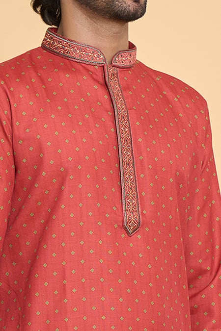 Shop_Arihant Rai Sinha_Red Polyester, Cotton Embroidery, Sequins Bandhani Print Kurta And Churidar Set _Online_at_Aza_Fashions