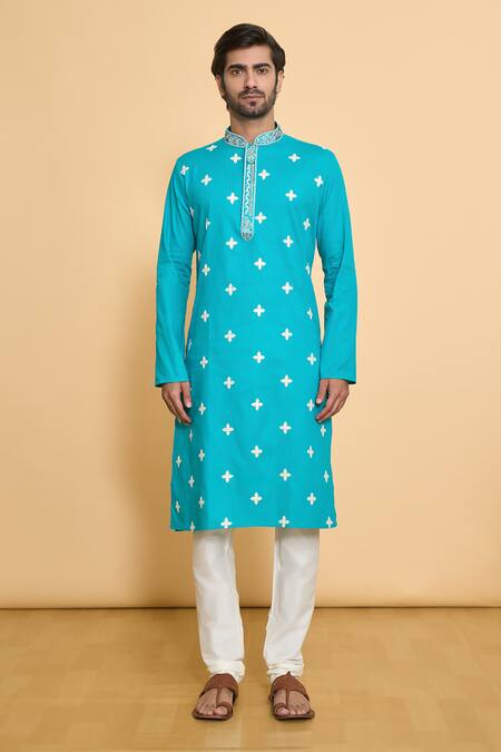 Arihant Rai Sinha_Blue Cotton Embroidery, Sequins Floral Straight Kurta Set_Online_at_Aza_Fashions