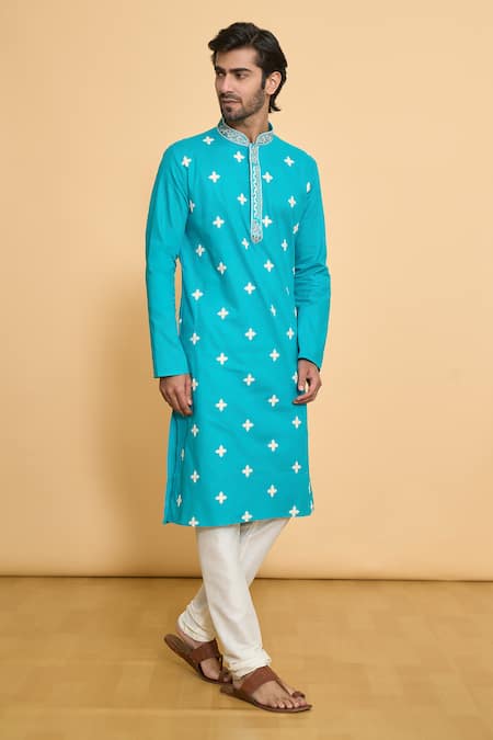 Buy_Arihant Rai Sinha_Blue Cotton Embroidery, Sequins Floral Straight Kurta Set_Online_at_Aza_Fashions