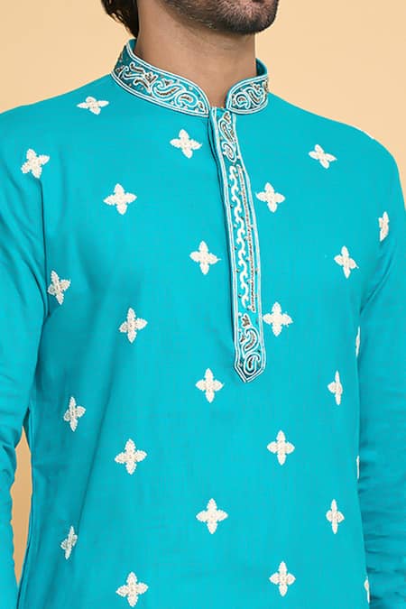 Shop_Arihant Rai Sinha_Blue Cotton Embroidery, Sequins Floral Straight Kurta Set_Online_at_Aza_Fashions
