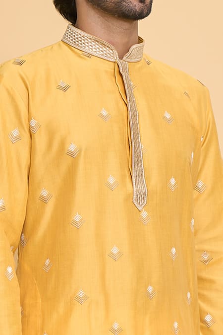 Shop_Arihant Rai Sinha_Yellow Polyester Lace, Embroidery Geometric Leaf Kurta Set _Online_at_Aza_Fashions