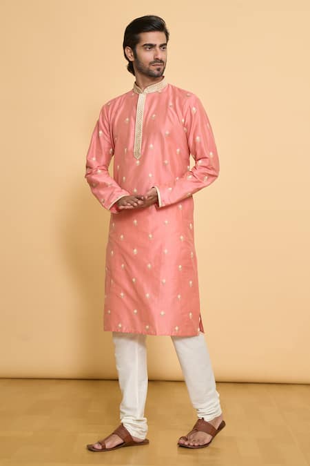 Arihant Rai Sinha Pink Polyester, Cotton Lace Geometric Leaf Embroidered Kurta And Churidar Set 