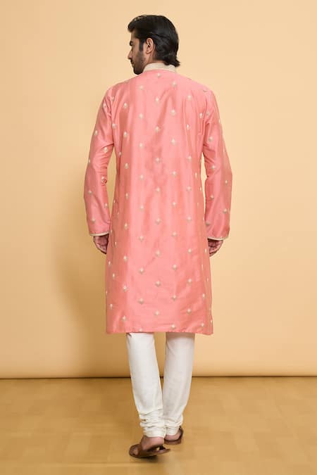 Shop_Arihant Rai Sinha_Pink Polyester, Cotton Lace Geometric Leaf Embroidered Kurta And Churidar Set _at_Aza_Fashions