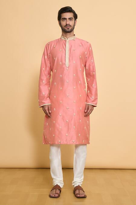 Arihant Rai Sinha_Pink Polyester, Cotton Lace Geometric Leaf Embroidered Kurta And Churidar Set _Online_at_Aza_Fashions