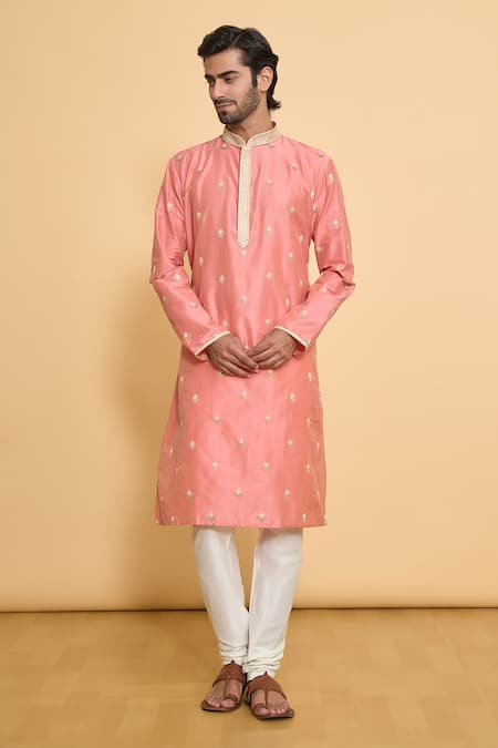 Buy_Arihant Rai Sinha_Pink Polyester, Cotton Lace Geometric Leaf Embroidered Kurta And Churidar Set _Online_at_Aza_Fashions