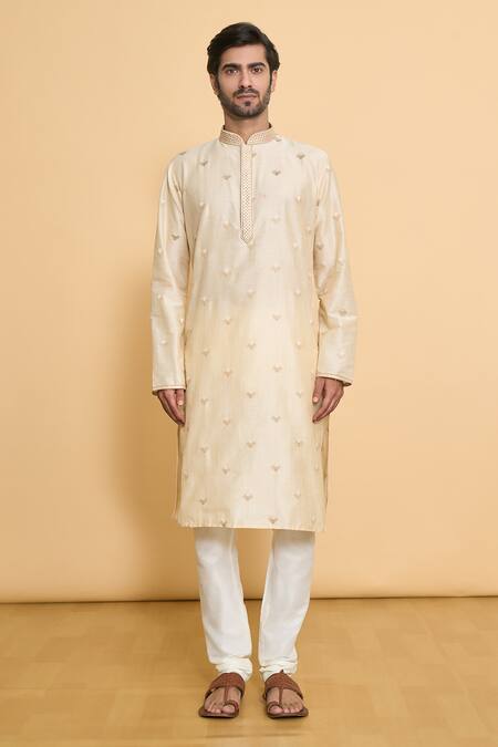 Arihant Rai Sinha Beige Polyester, Cotton Lace Geometric Leaf Embroidered Kurta With Churidar Online at Aza Fashions Arihant Rai Sinha_Beige Polyester, Cotton Lace Geometric Leaf Embroidered Kurta With Churidar _Online_at_Aza_Fashions