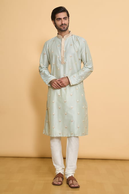 Shop Arihant Rai Sinha Green Polyester Embroidery, Lace Geometric Leaf Kurta With Churidar Online at Aza Fashions Shop_Arihant Rai Sinha_Green Polyester Embroidery, Lace Geometric Leaf Kurta With Churidar _Online_at_Aza_Fashions