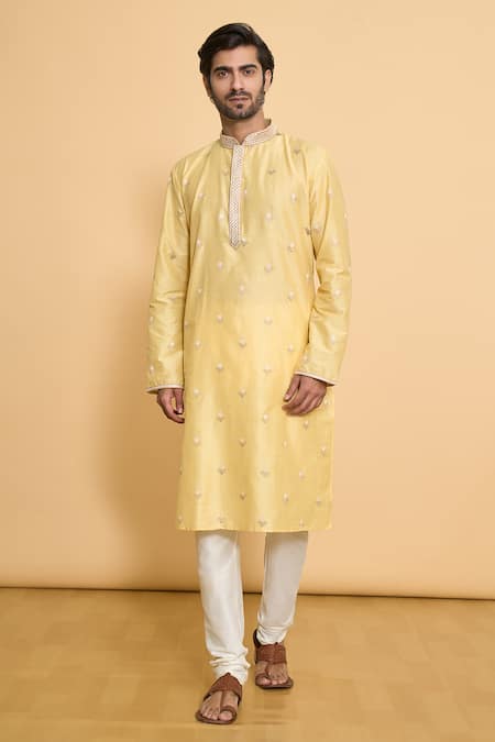 Arihant Rai Sinha Yellow Polyester, Cotton Lace, Embroidery Geometric Leaf Kurta Set 