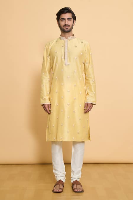 Arihant Rai Sinha_Yellow Polyester, Cotton Lace, Embroidery Geometric Leaf Kurta Set _Online_at_Aza_Fashions