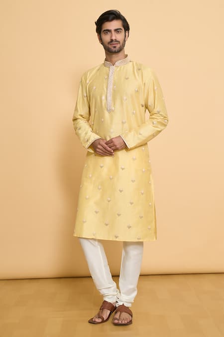 Buy_Arihant Rai Sinha_Yellow Polyester, Cotton Lace, Embroidery Geometric Leaf Kurta Set _Online_at_Aza_Fashions