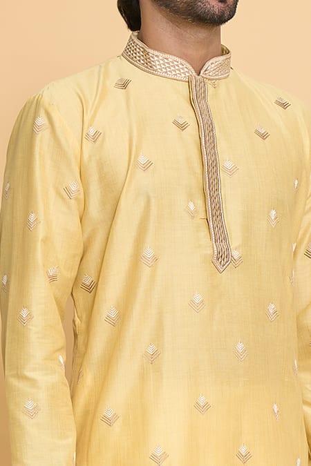 Shop_Arihant Rai Sinha_Yellow Polyester, Cotton Lace, Embroidery Geometric Leaf Kurta Set _Online_at_Aza_Fashions