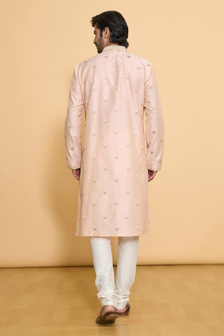 Shop_Arihant Rai Sinha_Pink Polyester Lace Embroidered Geometric Leaf Kurta And Churidar Set _at_Aza_Fashions