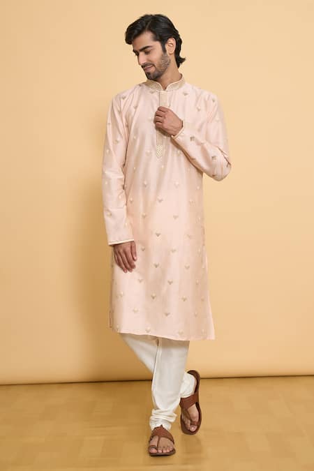 Shop_Arihant Rai Sinha_Pink Polyester Lace Embroidered Geometric Leaf Kurta And Churidar Set _Online_at_Aza_Fashions