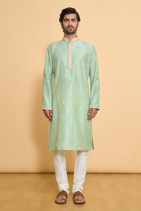 Arihant Rai Sinha_Green Polyester Lace, Embroidery Straight Kurta With Churidar_Online_at_Aza_Fashions