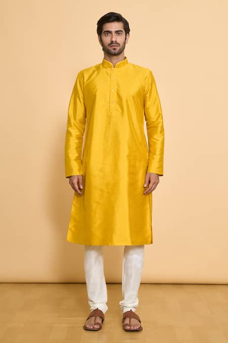 Arihant Rai Sinha Yellow Polyester Straight Plain Kurta With Churidar Online at Aza Fashions Arihant Rai Sinha_Yellow Polyester Straight Plain Kurta With Churidar _Online_at_Aza_Fashions