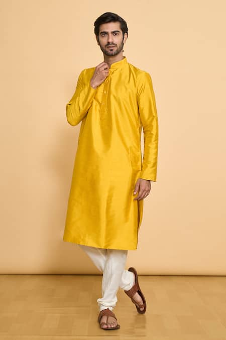 Buy Arihant Rai Sinha Yellow Polyester Straight Plain Kurta With Churidar Online at Aza Fashions Buy_Arihant Rai Sinha_Yellow Polyester Straight Plain Kurta With Churidar _Online_at_Aza_Fashions
