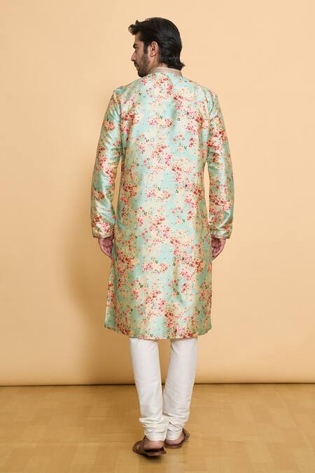 Shop Arihant Rai Sinha Green Polyester Embroidery Floral Vine Print Kurta With Churidar at Aza Fashions Shop_Arihant Rai Sinha_Green Polyester Embroidery Floral Vine Print Kurta With Churidar_at_Aza_Fashions