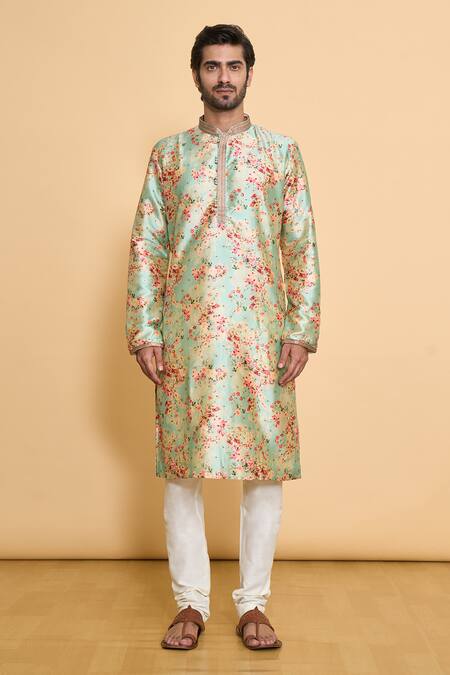 Arihant Rai Sinha Green Polyester Embroidery Floral Vine Print Kurta With Churidar Online at Aza Fashions Arihant Rai Sinha_Green Polyester Embroidery Floral Vine Print Kurta With Churidar_Online_at_Aza_Fashions