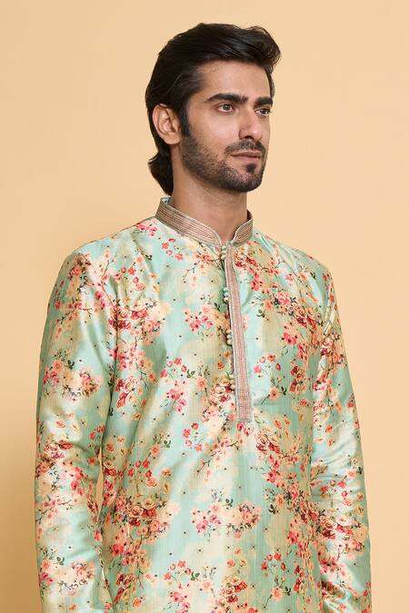 Shop Arihant Rai Sinha Green Polyester Embroidery Floral Vine Print Kurta With Churidar Online at Aza Fashions Shop_Arihant Rai Sinha_Green Polyester Embroidery Floral Vine Print Kurta With Churidar_Online_at_Aza_Fashions