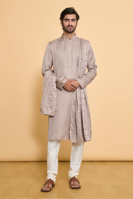 Arihant Rai Sinha Grey Kurta Polyester Blend Embroidered Dupatta Mirror Plain Churidar Set With 