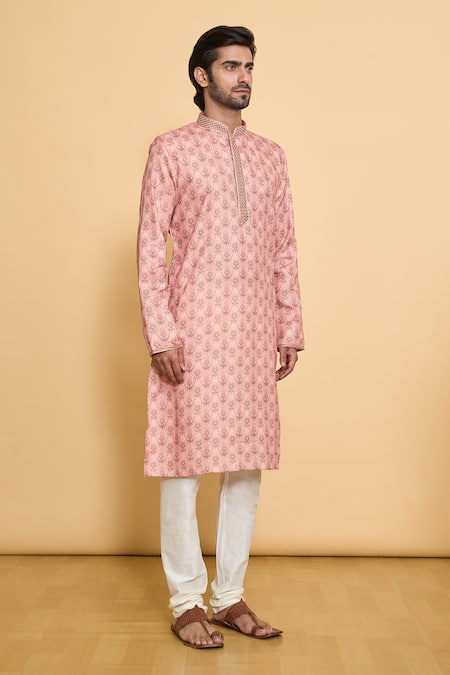 Arihant Rai Sinha_Peach Polyester, Cotton Embroidery Floral Mandala Print Kurta With Churidar _Online_at_Aza_Fashions