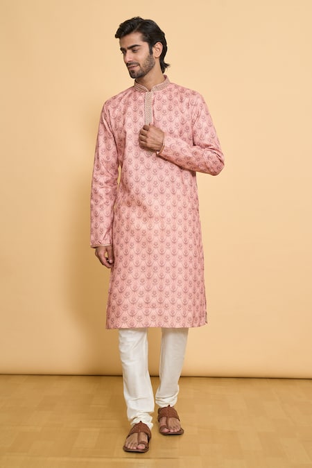 Buy_Arihant Rai Sinha_Peach Polyester, Cotton Embroidery Floral Mandala Print Kurta With Churidar _Online_at_Aza_Fashions