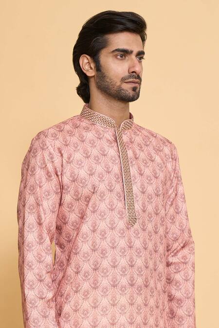 Shop_Arihant Rai Sinha_Peach Polyester, Cotton Embroidery Floral Mandala Print Kurta With Churidar _Online_at_Aza_Fashions