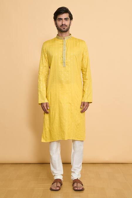 Arihant Rai Sinha_Yellow Cotton, Polyester Embroidery Miniature Butti Pattern Kurta With Churidar _Online_at_Aza_Fashions