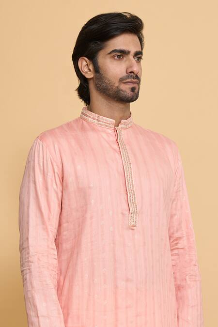 Shop Arihant Rai Sinha Pink Cotton, Polyester Miniature Butti Pattern Straight Kurta With Churidar Online at Aza Fashions Shop_Arihant Rai Sinha_Pink Cotton, Polyester Miniature Butti Pattern Straight Kurta With Churidar _Online_at_Aza_Fashions