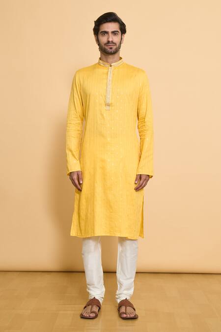 Arihant Rai Sinha Gold Cotton, Polyester Embroidery Miniature Butti Work Kurta With Churidar Online at Aza Fashions Arihant Rai Sinha_Gold Cotton, Polyester Embroidery Miniature Butti Work Kurta With Churidar _Online_at_Aza_Fashions