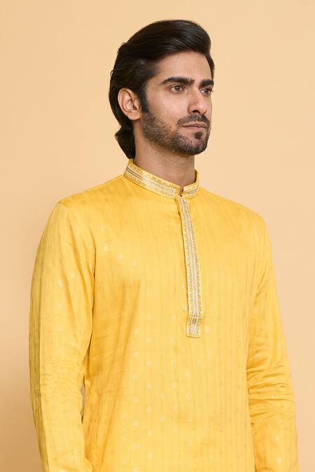 Shop Arihant Rai Sinha Gold Cotton, Polyester Embroidery Miniature Butti Work Kurta With Churidar Online at Aza Fashions Shop_Arihant Rai Sinha_Gold Cotton, Polyester Embroidery Miniature Butti Work Kurta With Churidar _Online_at_Aza_Fashions