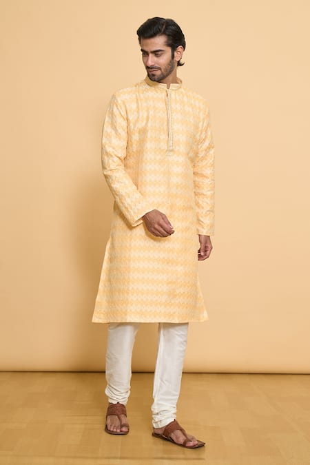 Buy_Arihant Rai Sinha_Yellow Polyester Embroidery Abstract Mandala Pattern Kurta With Churidar _Online_at_Aza_Fashions